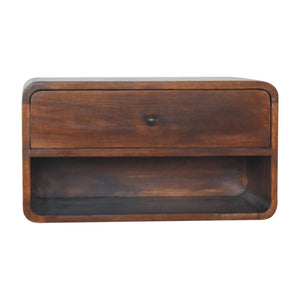 Solid Wood Large Curve Floating Bedside, 1-Drawer, 1 Open Slot, Chestnut
