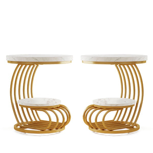 Round Vintage End Table With 2 Tier Storage