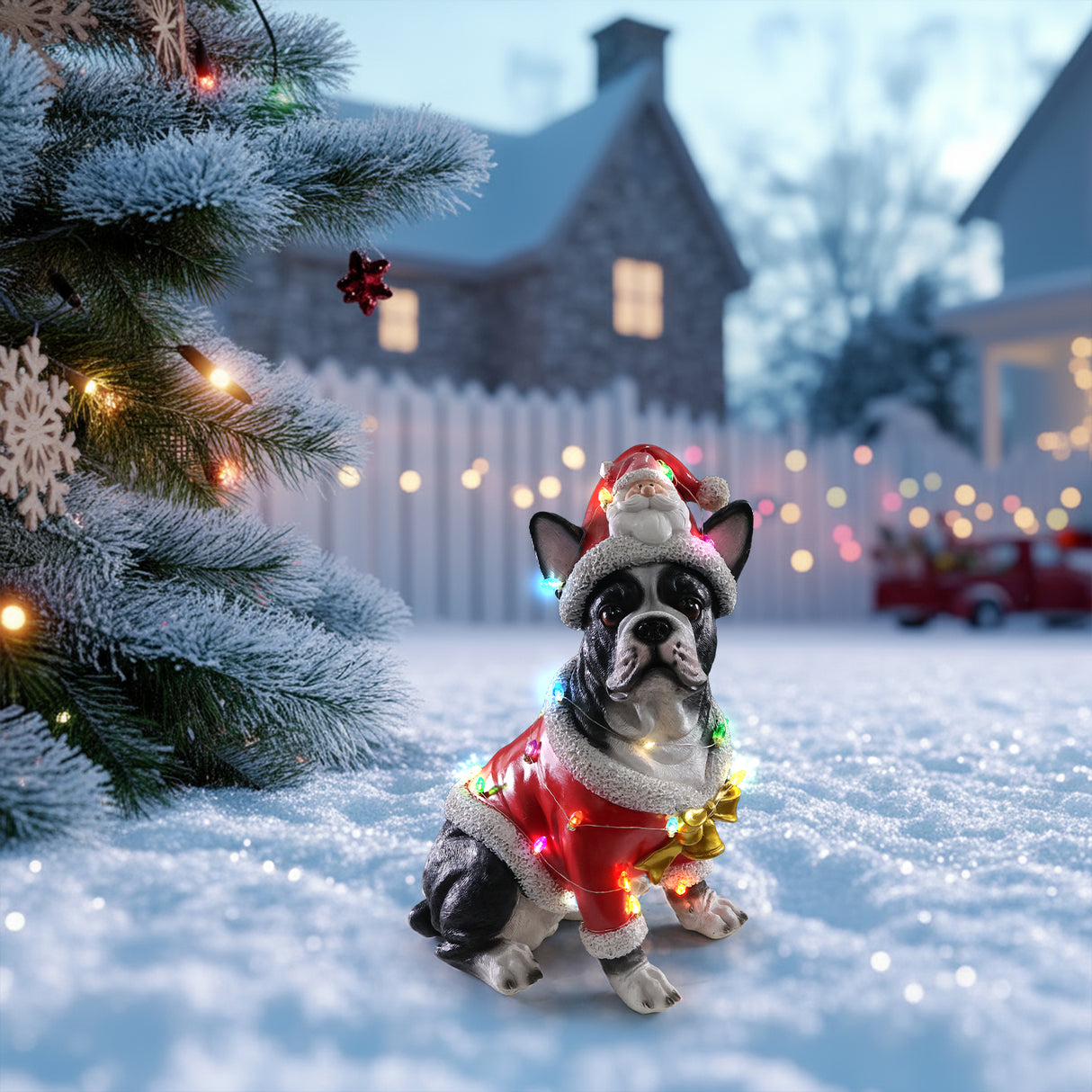 Christmas French Bulldog Statue, Holiday Dog Figurine in Santa Outfit
