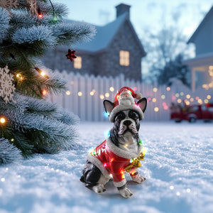 Christmas French Bulldog Statue, Holiday Dog Figurine in Santa Outfit