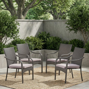 Outdoor PE Rattan Stacking Chair with Iron Frame and Cushions (Set of 4)