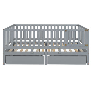 Daybed With Fence Guardrails And 2 Drawers, Split Into Independent Floor Bed & Daybed