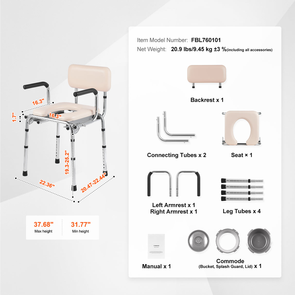 Commode Chair with Padded Seat and Adjustable Height