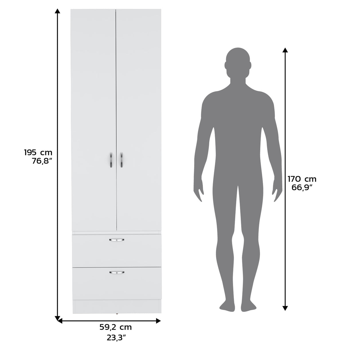 Armoire Wardrobe 76" H, Hanging Rod, 2 Drawers, 1 Shelf
