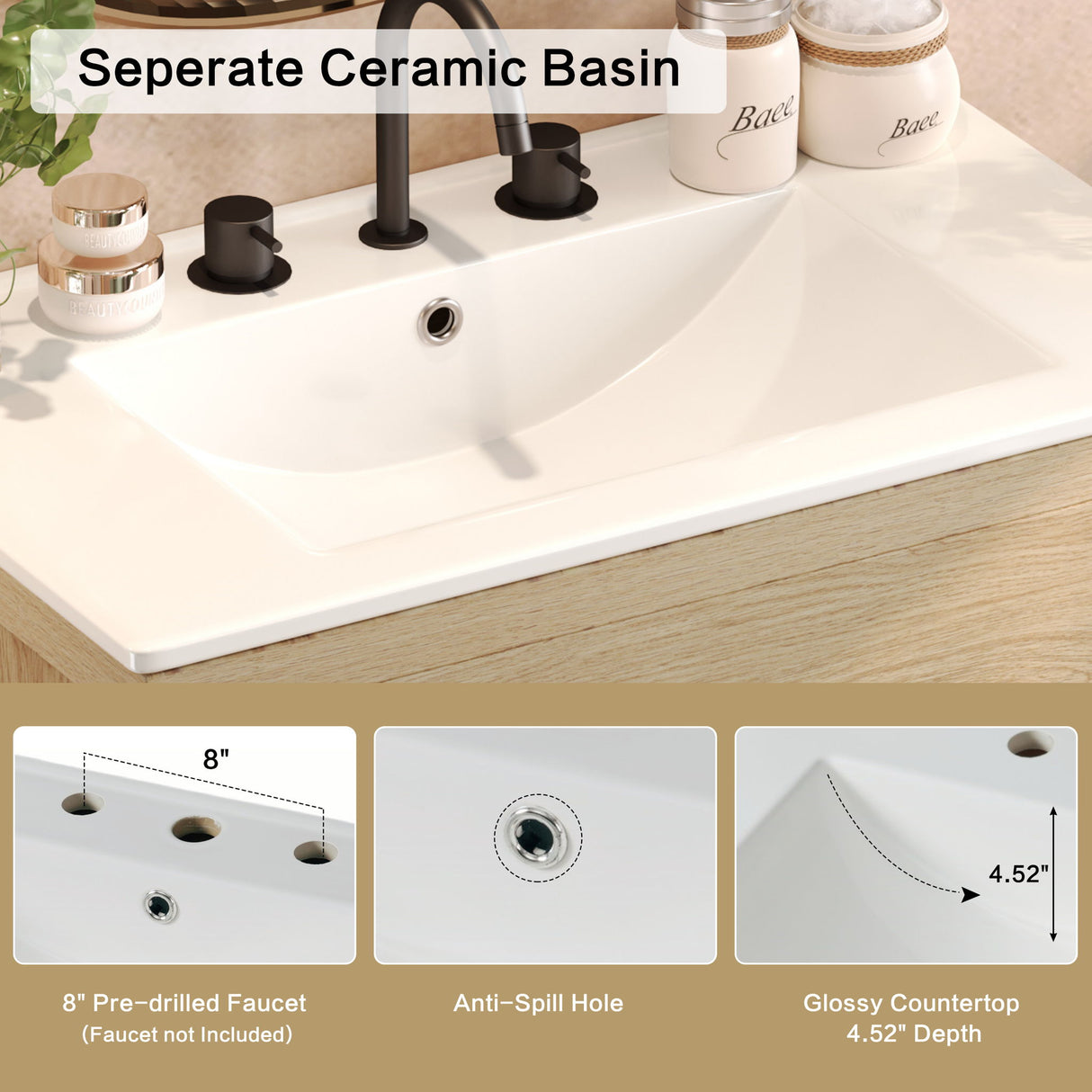 Freestanding Bathroom Vanity With Ceramic Sink, 2 Full Extension Drawers