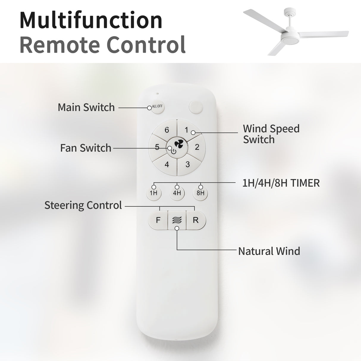 52" Ceiling Fan Without Light with Remote Control and Reversible DC Motor