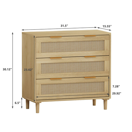 3 Drawer Storage Cabinet With Rattan Drawers For Bedroom, Living Room - Oak