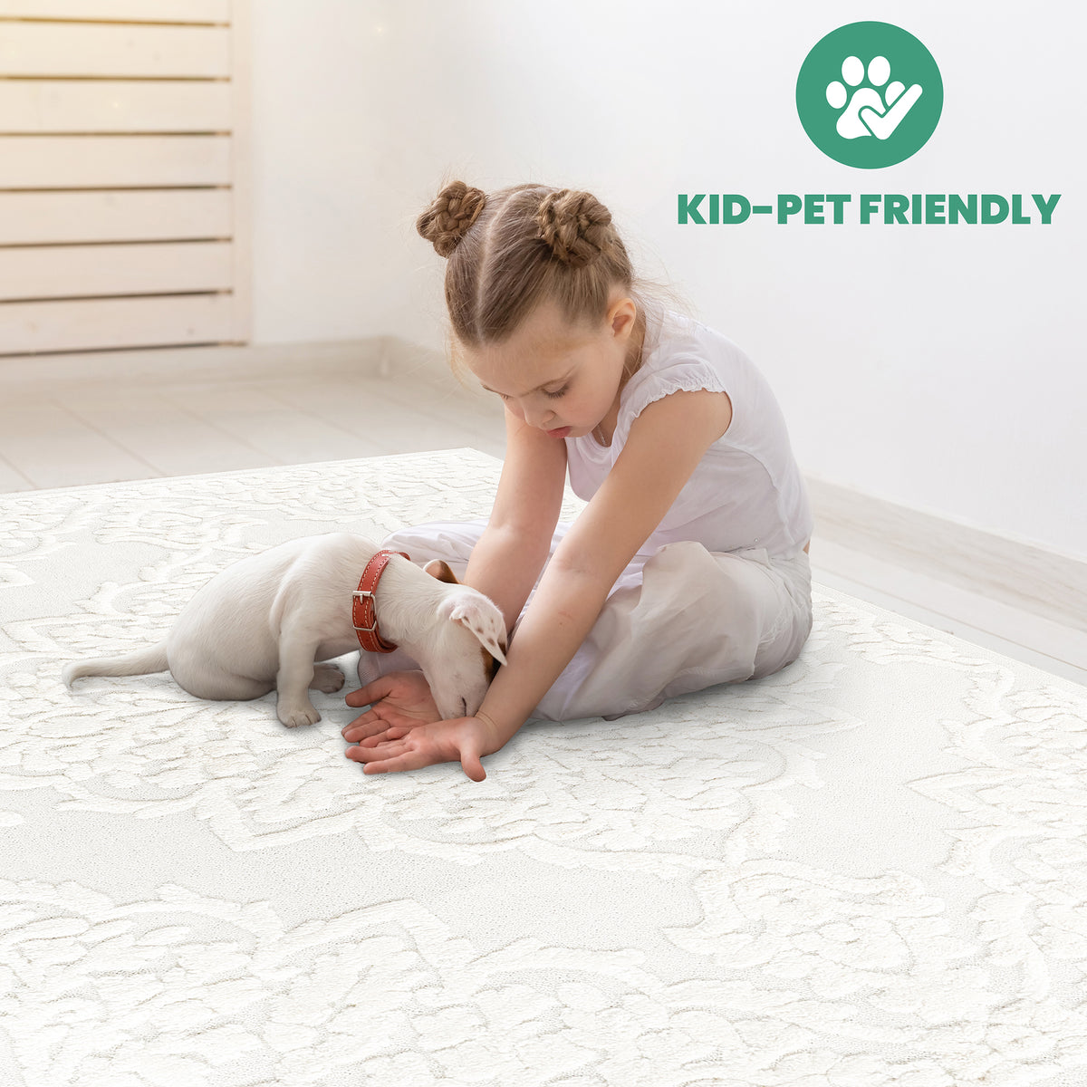 Cream Medallion Area Rug with High-Low Pile - 6'7" x 9"