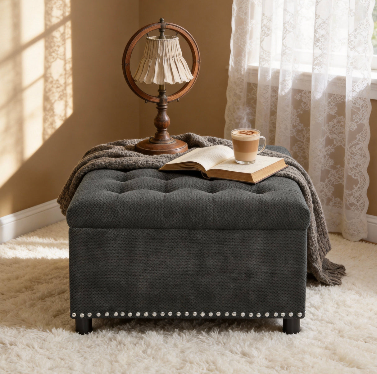 Tufted Storage Ottoman with Nailhead Trim - Dark