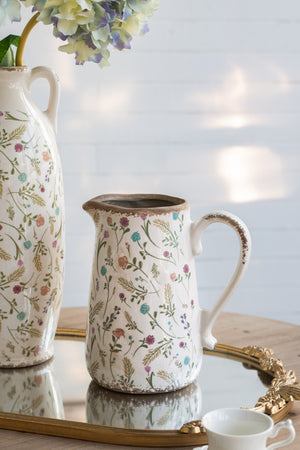 8.1x5.7x9.1" Round Ceramic Pitcher Vase with Multi-Colored Floral Motifs
