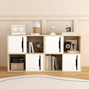 Storage Cabinet With Sliding Doors, 2 Tier Open And Closed Shelves Organizer - Natural / White