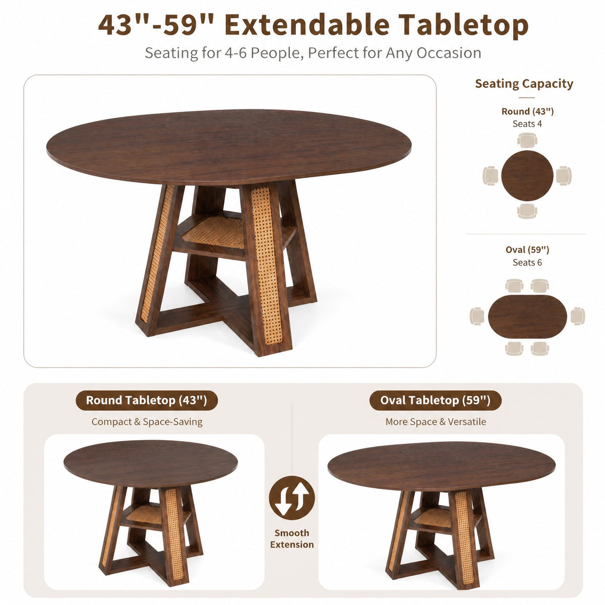 43.3"-59.05" Extendable Round Dining Table for 4-6