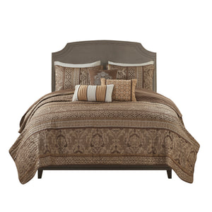 6 Piece Jacquard Quilt Set with Throw Pillows – Brown/Gold King/Cal King
