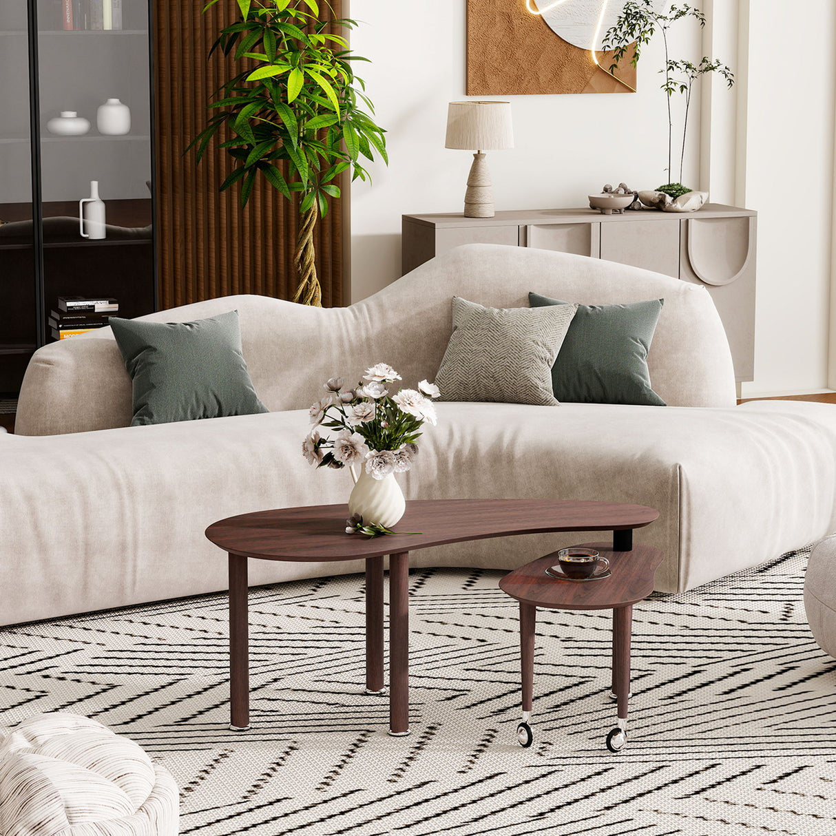 Rotatable Coffee Table With Solid Legs, 360 Degree Swivel, Waterproof - Walnut