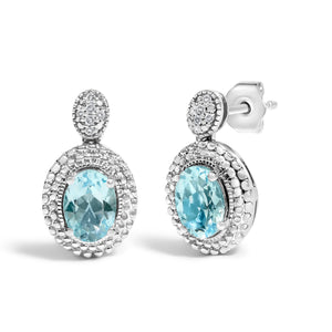 .925 Sterling Silver Diamond Accent and  Oval Blue Topaz with Beaded Halo Drop Stud Earrings (I-J color, I1-I2 Clarity)