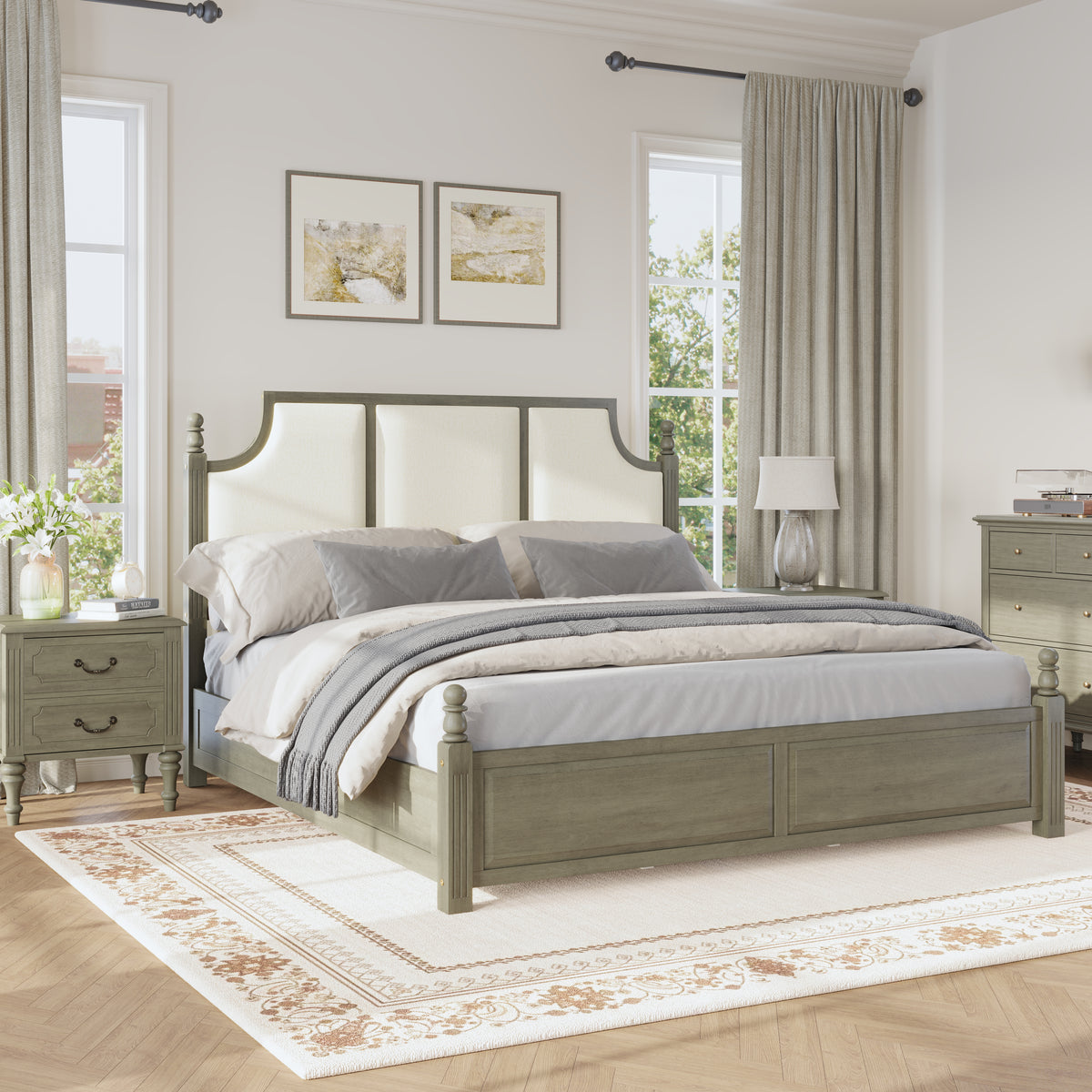 King Size Farmhouse Solid Wood Platform Bed Frame, 50.8-Inch Tall, Beige Linen