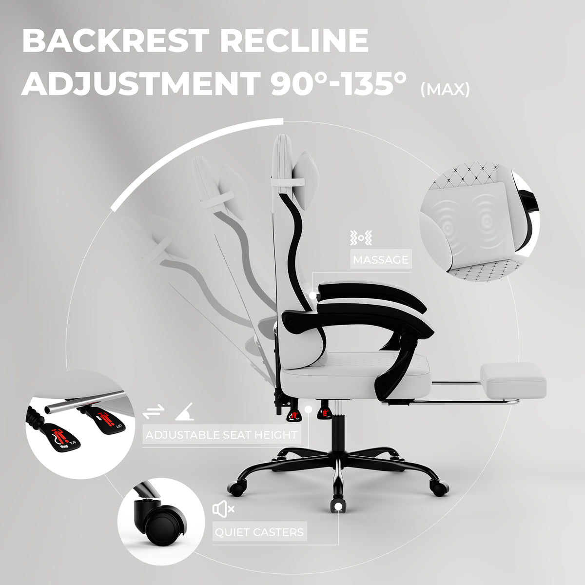 Gaming Chair with Massage, Ergonomic Design, White/Black