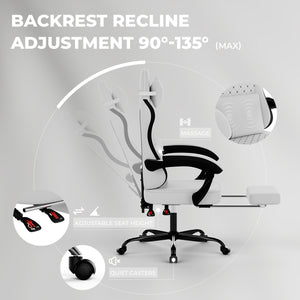 Gaming Chair with Massage, Ergonomic Design, White/Black
