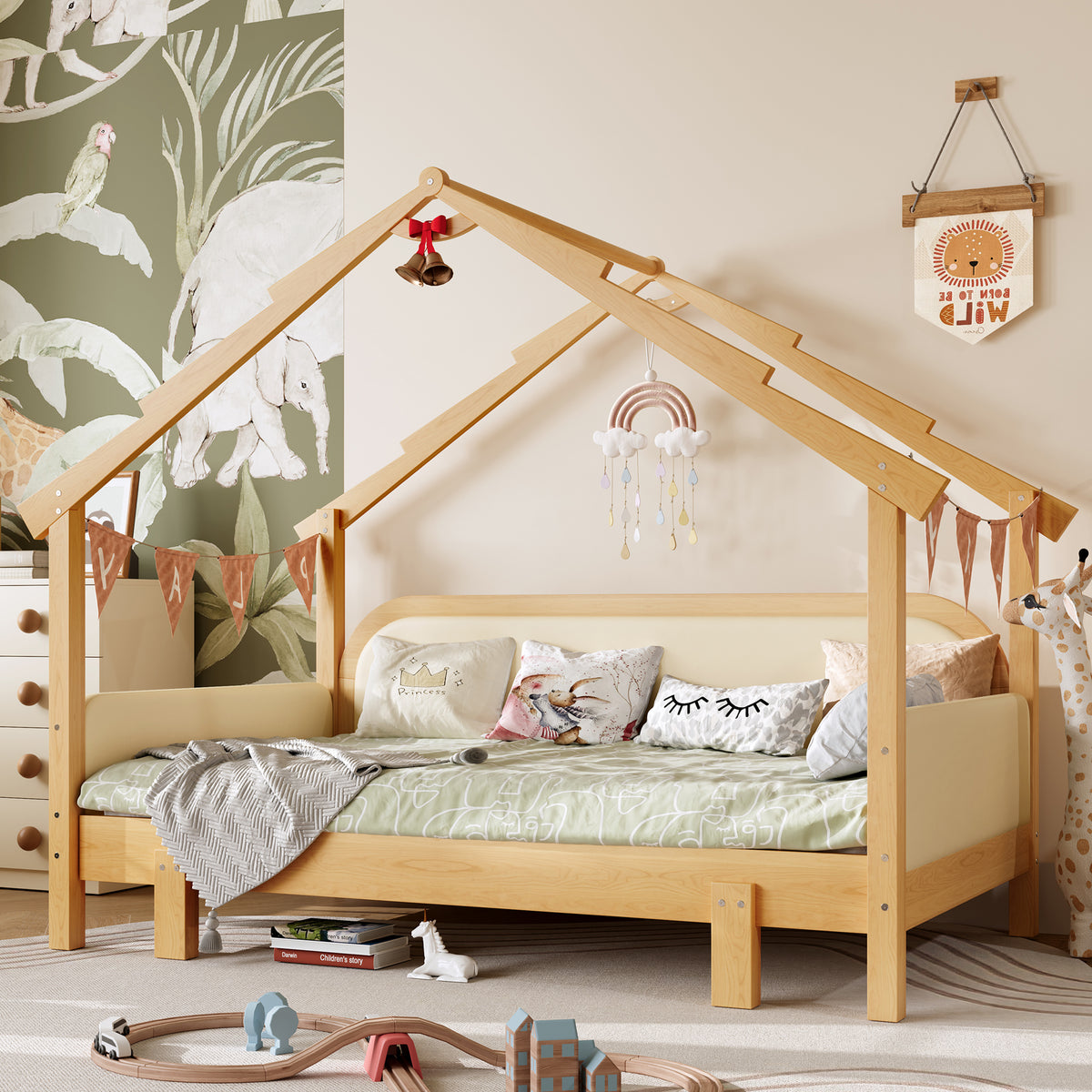Twin Size Wood Treehouse Bed with Soft Cushion Rails