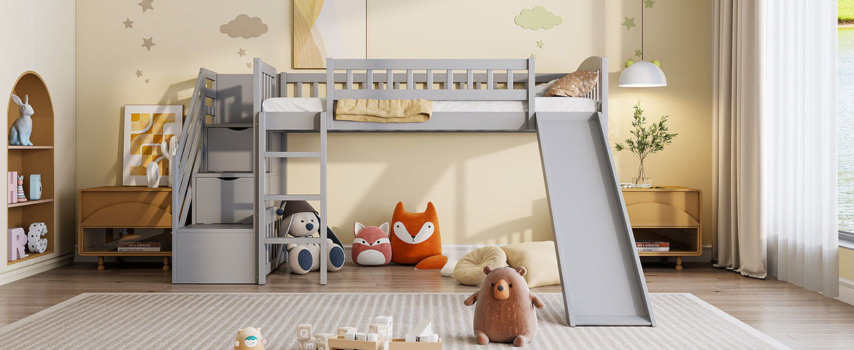 Loft Stairway Bed With 2 Drawers, Convertible Ladder And Slide