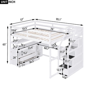 Loft Bed With Desk, Shelves, 2 Drawers, Storage Staircase