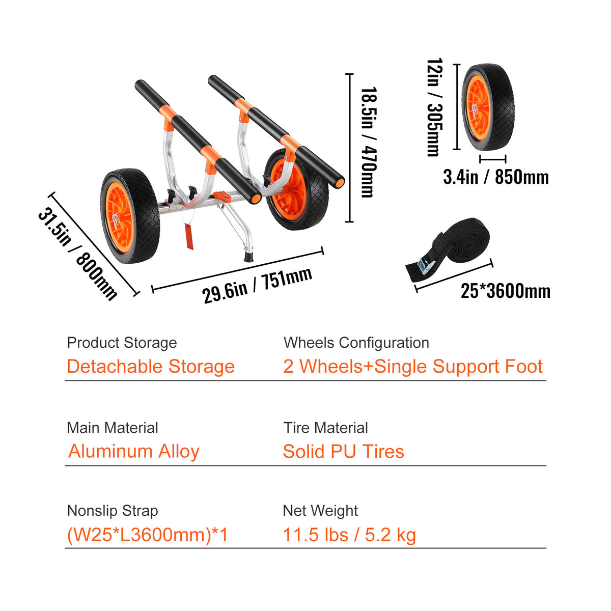 Heavy Duty Kayak Cart, 450lbs Load Capacity