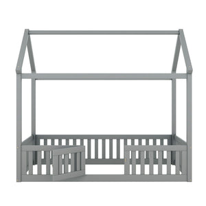 Wood House Bed With Fence And Door