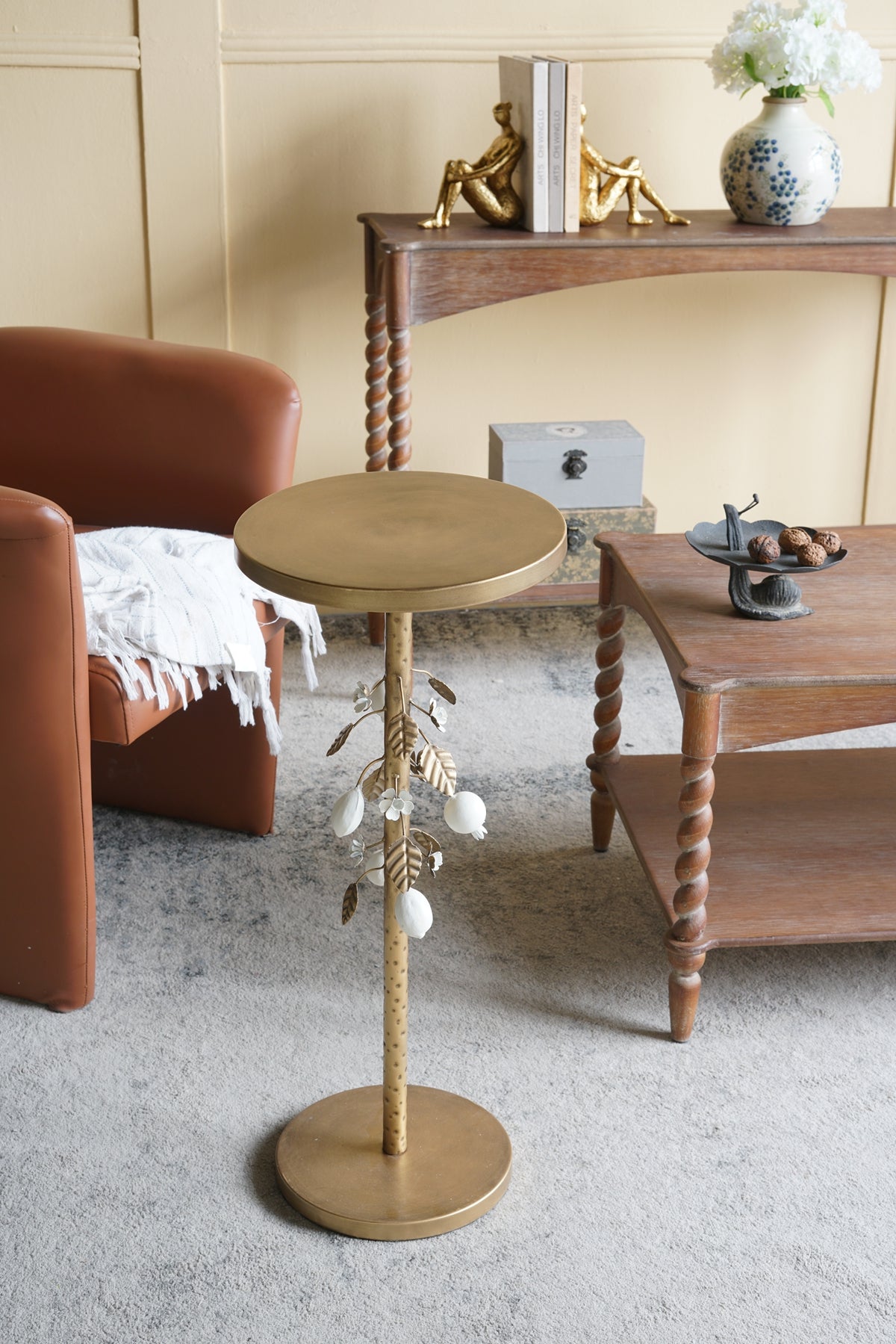 Round Iron Side Table with Botanical Details
