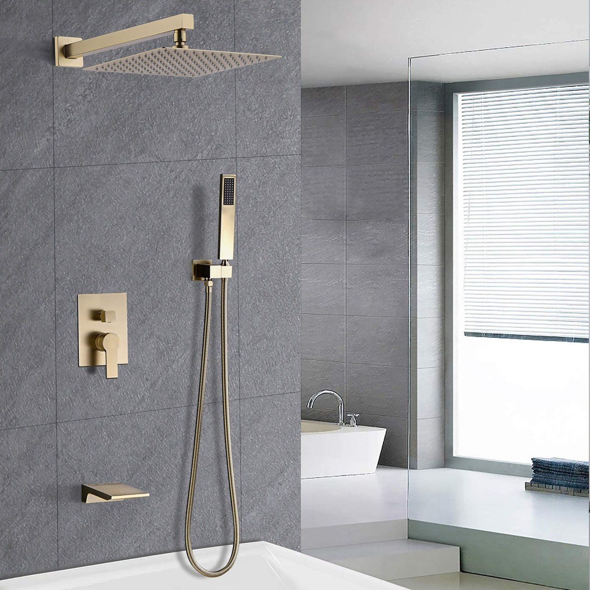 Tub Shower Faucet Set With 12" Rain Shower Head And Handheld Spray Combo
