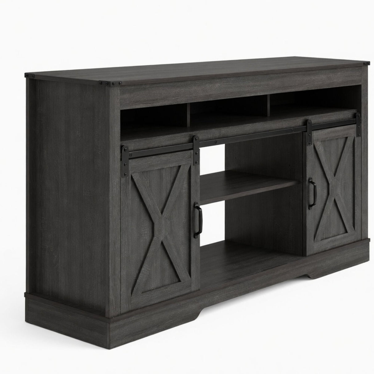 Farmhouse TV Stand With Sliding Barn Doors & Adjustable Storage