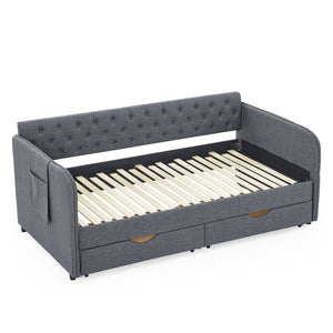 Daybed With Trundle And Storage Drawers, Flat Arms With Pocket
