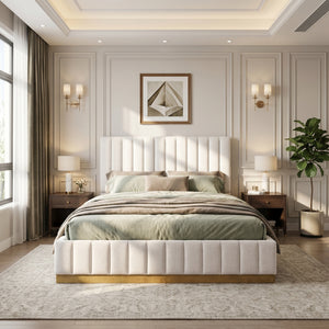 Queen Size Bed Frame With Linen Upholstery