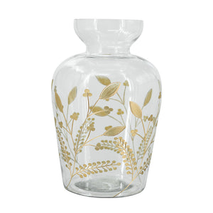 Curved Glass Accent Vase with Gold Floral Motifs, 12.6-Inch, Multicolor