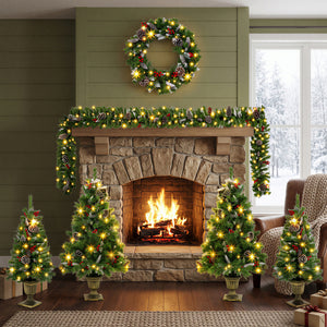 6-Piece Christmas Tree Set – 4 Trees with Sturdy Bases, 1 Pre-Lit Wreath, 1 Garland, Warm