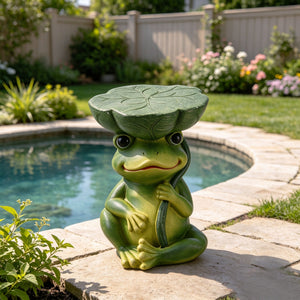 Magnesium Oxide Frog Stool Garden Statue with Lotus Leaf Seat - Outdoor Decor