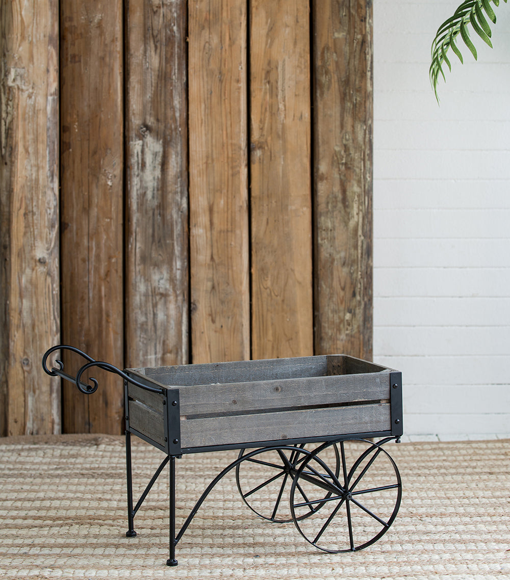 Black Iron and Pine Wood Plant Stand with Wheels
