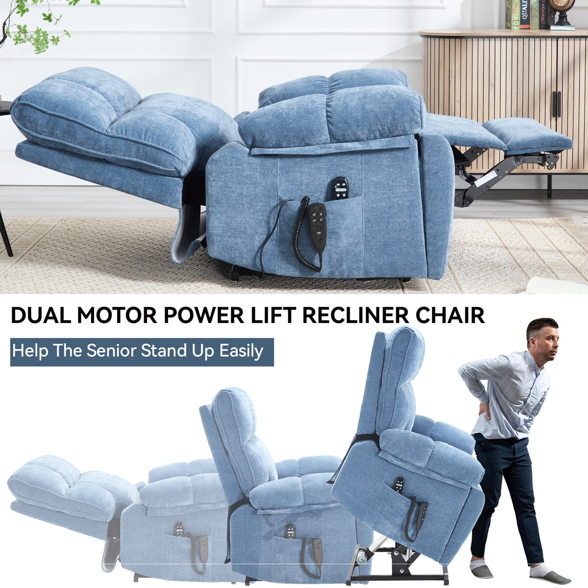 Blue Heat Massage Dual Motor Lift Recliner Chair