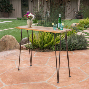 Outdoor Bar Table With Wood Tabletop And Iron Hairpin Legs - Black / Teak - Best Buy Furniture