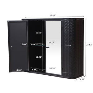 Black Wall-Mounted Bathroom Cabinet with Mirror, 2 Mirrored Doors & Open Shelf