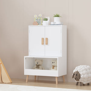 Toy Storage Cabinet With Doors And Open Shelf, Toddler Bookshelf For Playroom - White
