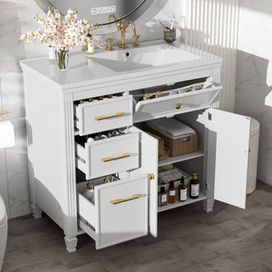 Modern Bathroom Vanity With Ceramic Sink, Freestanding, One Tip Out Drawer, 3 Side Drawers, Adjustable Shelf