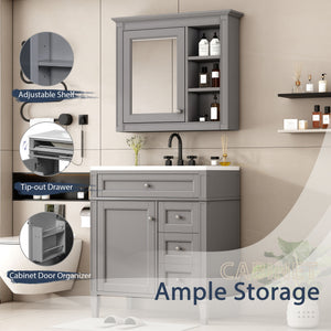 Bathroom Vanity With Top Sink, Freestanding Storage Cabinet With 2 Doors And 3 Drawers, Mirror Cabinet Included - Gray