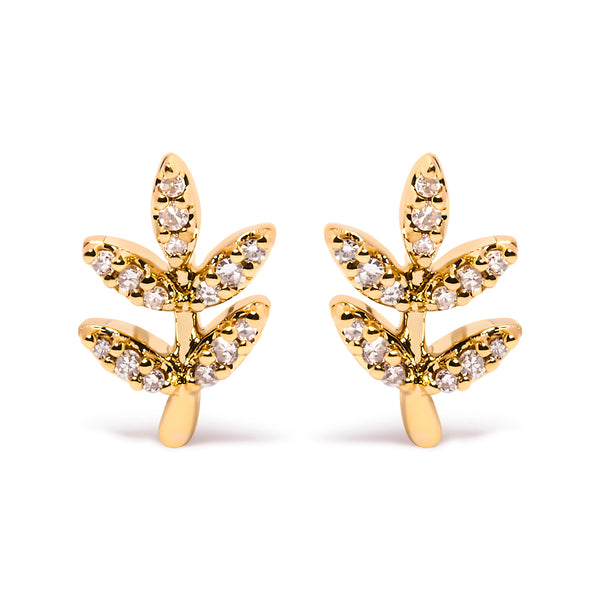 10K Yellow Gold 1/10 Cttw Diamond Accented Leaf and Branch Stud Earrings (H-I Color, I1-I2 Clarity)