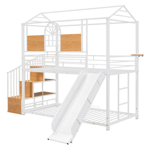 Metal Bunk Bed, Metal Housebed With Slide And Storage Stair