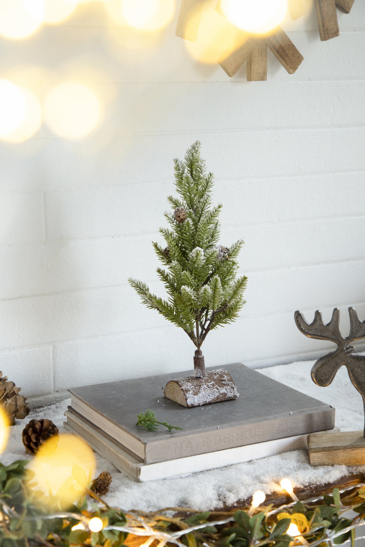 Set of 2, 13.5" Christmas PVC Tree On Wood Base With Snow