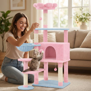 Flower Cat Tree with Large Condo, Removable Cushion and Hammock, 56-Inch, Pink