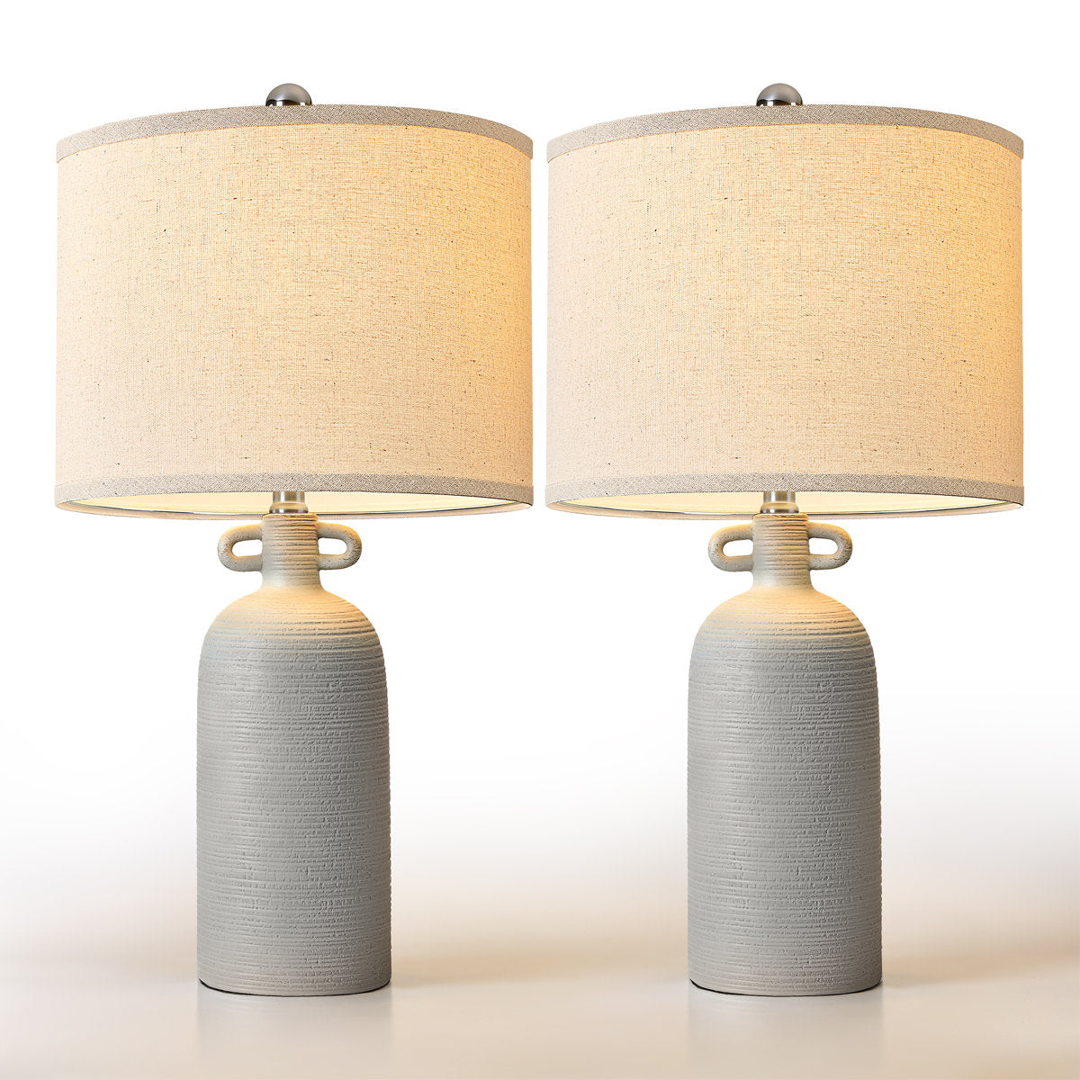 24-Inch Dimmable Ceramic Table Lamp Set with Linen Drum Shades, Gray, Set of 2