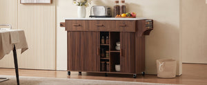 K&K 53.6" Kitchen Island with Drop Leaf, Rolling Cart, Power Outlet, Walnut Brown