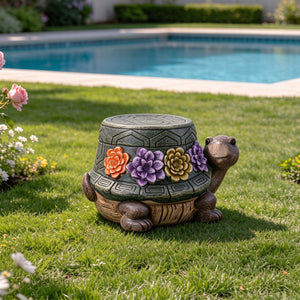 Turtle Garden Statue Outdoor Stool with Floral Detail - Multi-Color