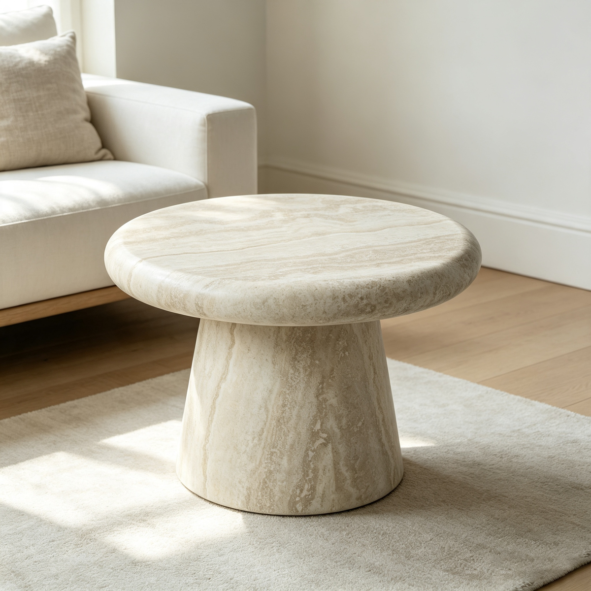 Round Fiberglass Coffee Table, 21.65-Inch, Travertine Print, Low Profile
